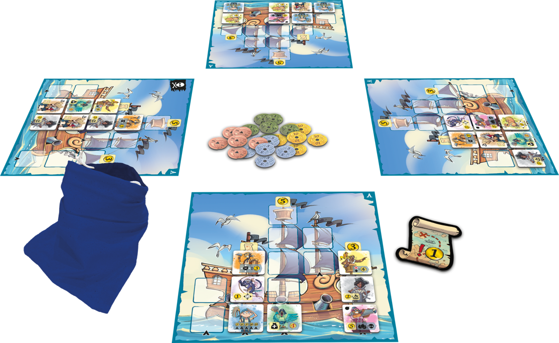 Image of an example game (4 boards placed in a square, with at its center, a few of the games' coins)